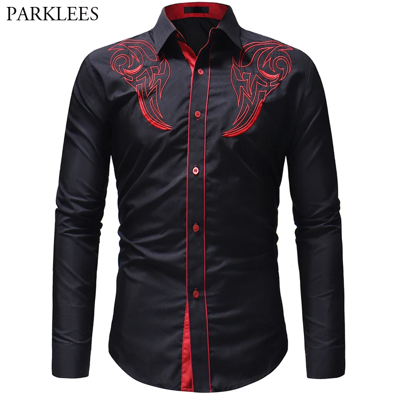 2019 Brand Mens Black Dress Shirts Contrast Totem Embroidery Shirt Men