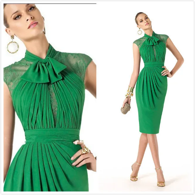 2017 Green Cocktail Dress Mermaid Cap Sleeve High Neck Short Party