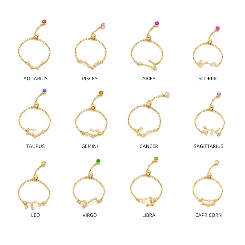 

Genuine 925 Sterling Silver 12 Constellations Adjustable Finger Ring Female Party 12 Color Finger Ring Sterling Silver Jewelry