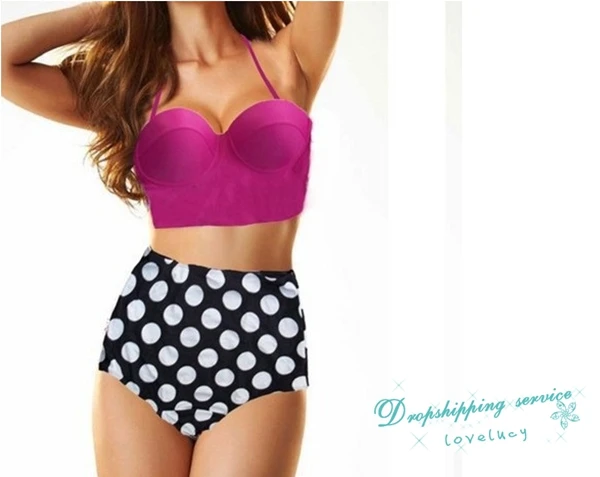 Retro Swimwear High Waist Cover Belly Double Hanging Neck Bikini Sets Polka Dot Women Swimsuit Free Shipping |