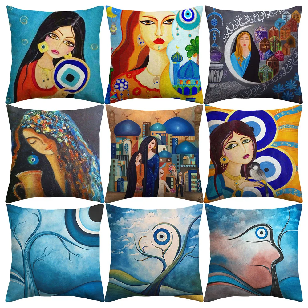 

Evil Eye Cushion Covers Arabic Folk Culture Art Cushion Cover Watercolor Hand Painting Decorative Sofa Linen Pillow Case