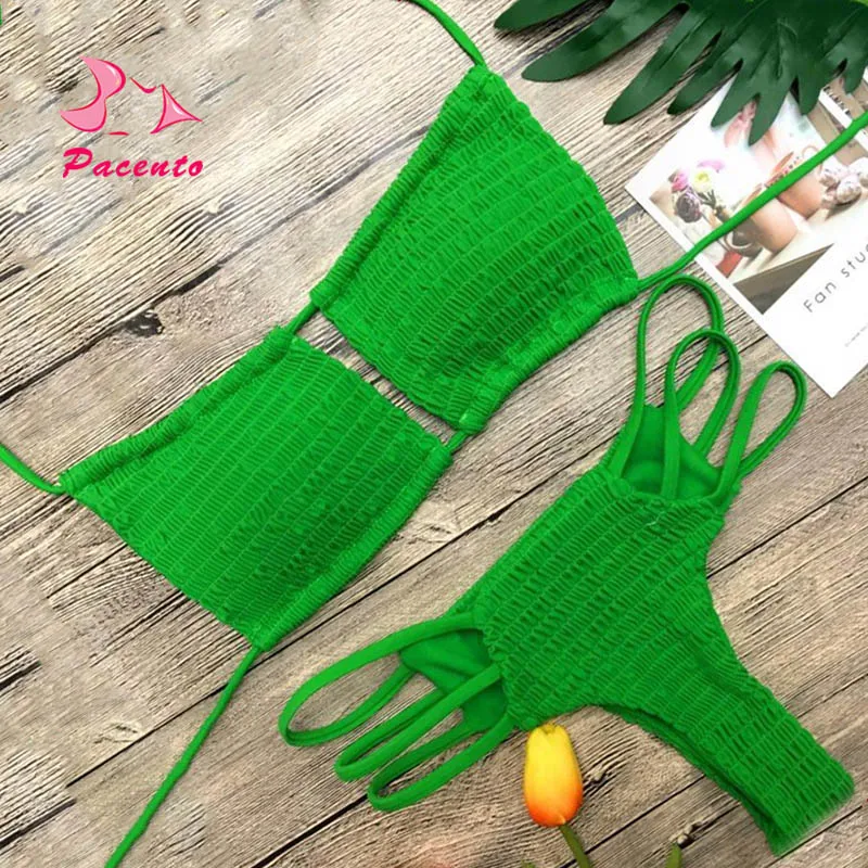

Pacento Bikini Set Sexy Swimsuit Thong Bandeau Bikini 2018 Bandage Strappy Hollow Swimwear Women Push Up String Bather Plavky