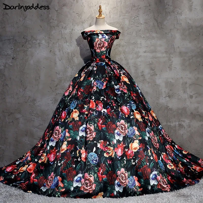 Vestido de festa винтажное Красочный цветочный узор вечернее платье с открытыми плечами бальное платье Саудовская вечерние платья в арабском стиле настоящая фотография - Цвет: Черный