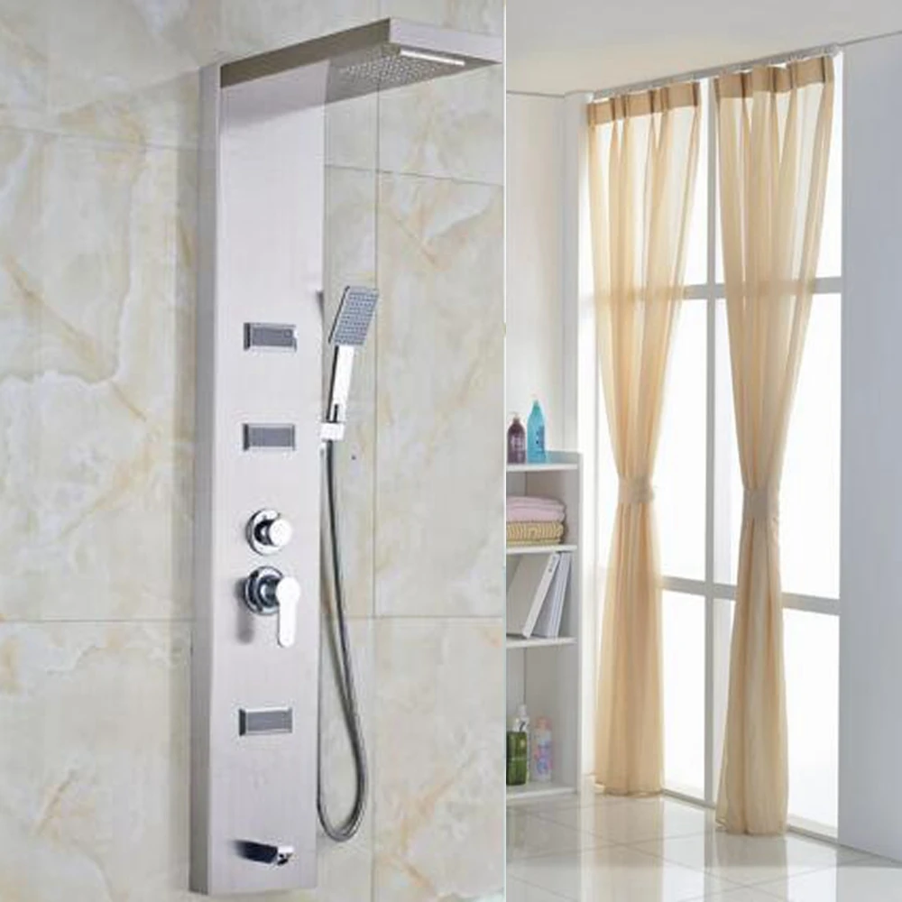 Modern Waterfall Brushed Nickel Shower Column Bathtub Mixer Tap W/ Massage Jets