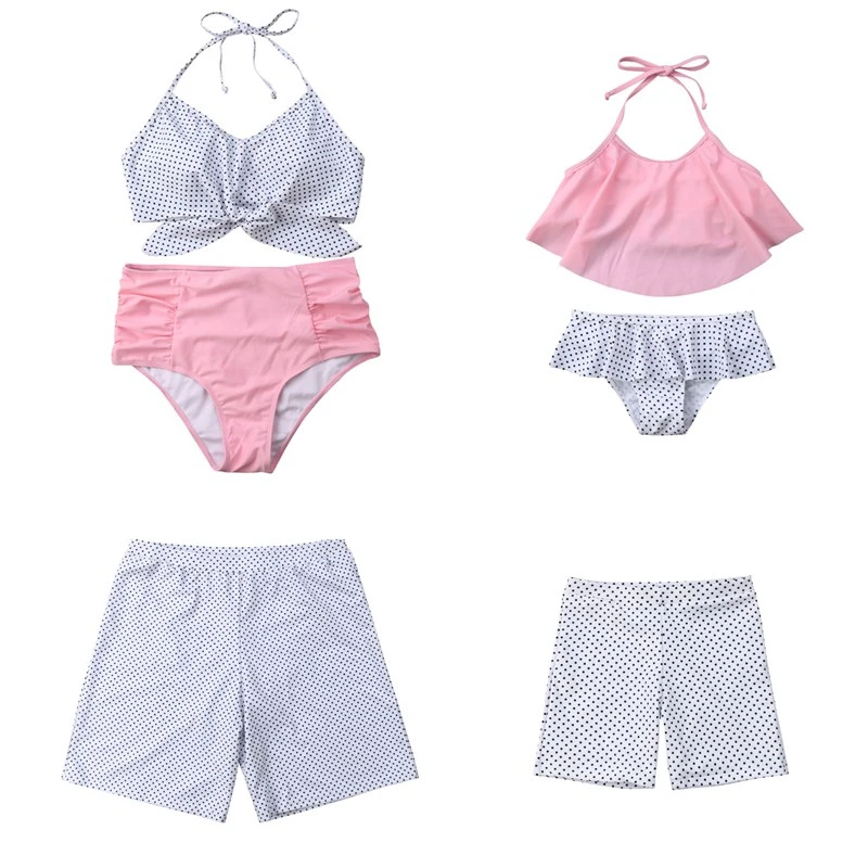 

2019 Family match swimsuit Dot print bandage biquinis swimming trunks Mom Dad Boy Girl Lovely bikinis High waist bathing Vintage