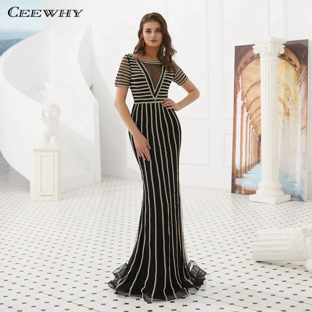 CEEWHY Turkey Evening Dresses Beaded Evening Dress Short Sleeves Prom