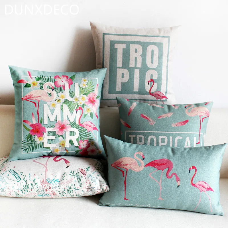 

DUNXDECO Cushion Cover Decorative Pillow Case Hot Summer Fresh Tropic Rain Forest Firebird Flamingo Heavy Linen Cotton Print