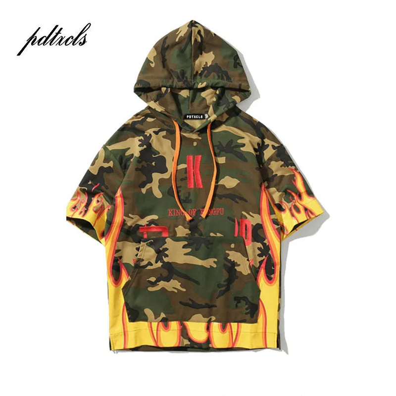

49Hot King of Kongfu Fire Flame Printed Short Sleeve Hoodies Men 2018Summer Hip Hop Embroidery Camouflage Streetwear Sweatshirts