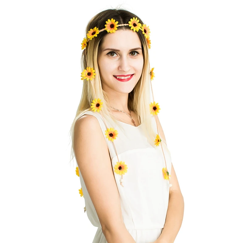 Цветочная повязка на голову аксессуары для волос фестиваль женский хиппи Регулируемый головной убор Бохо Подсолнух лента для волос