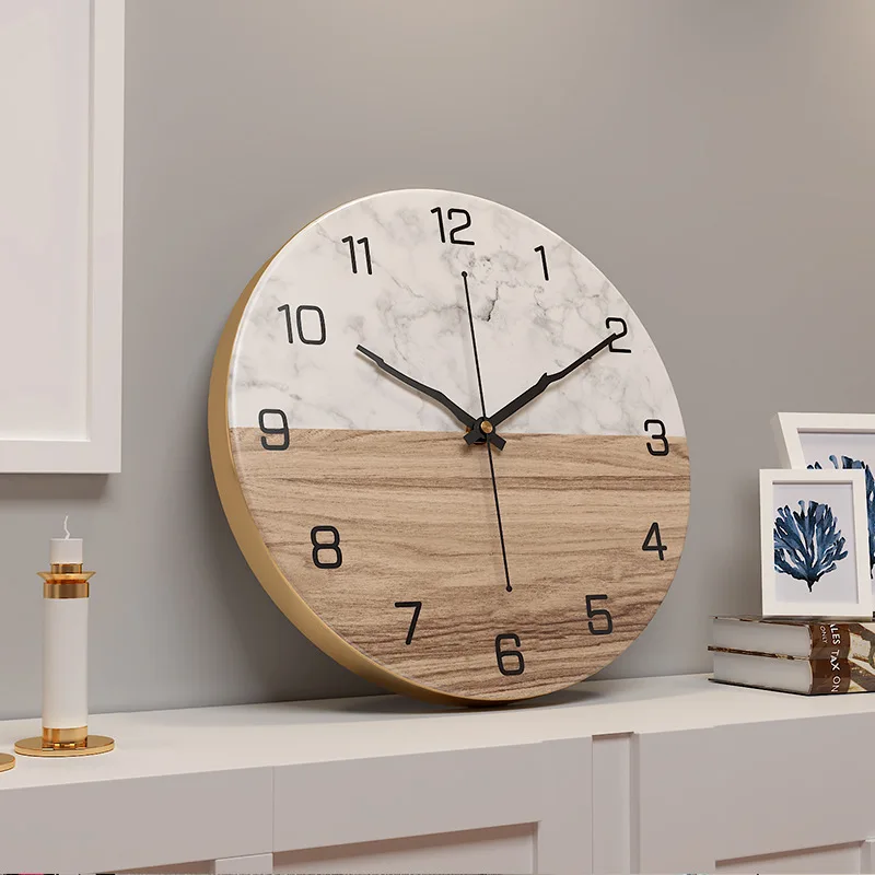 

European Marble Iron Home Mute Clock Simple Creative Wall Clock Modern Design Decorative Quartz Clock Digital Wall Clock Round