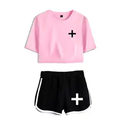 Женский комплект из двух предметов 2019 Txt розовая футболка с принтом женские шорты Лето 2 шт. укороченный модный топ + шорты корейский стиль