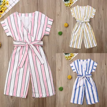 

Toddler Kid Baby Girl Stripe Clothes Romper Jumpsuit Wide Leggings Summer Outfit