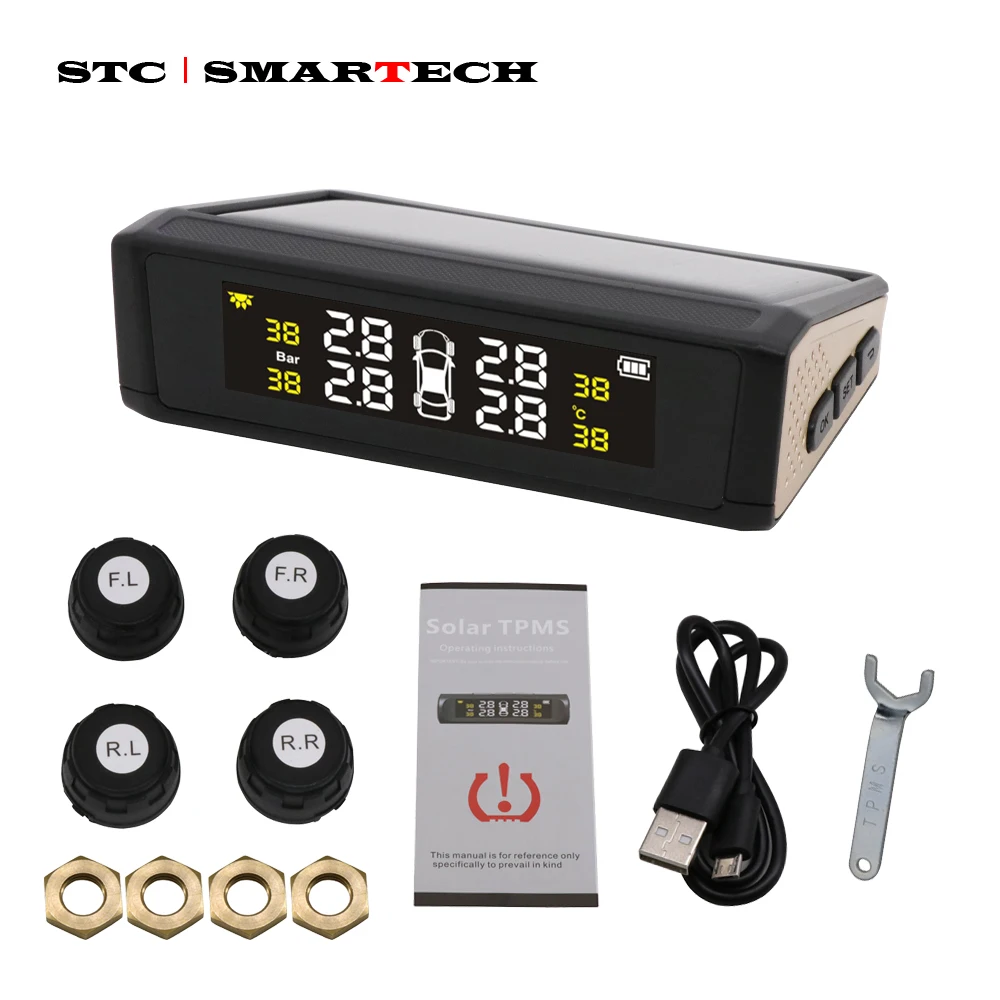 SMARTECH TPMS автомобильная система мониторинга давления в шинах солнечной энергии, датчик давления в шинах и приемник ЖК-дисплея с голосПредупреждение