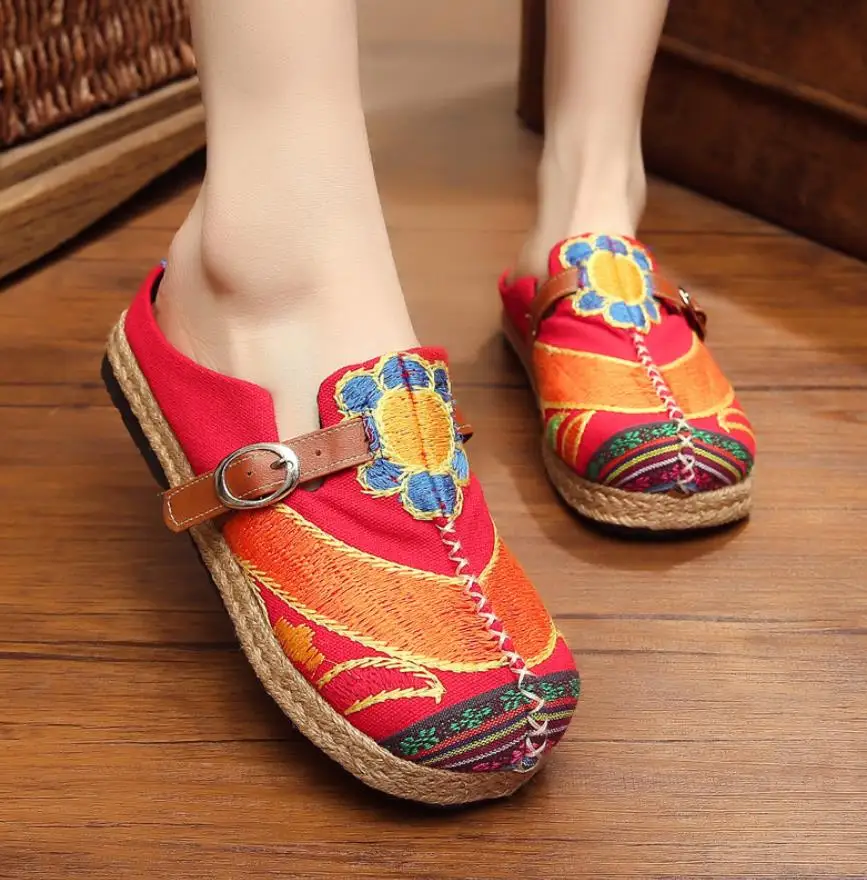 

2018 New Colorful Rainbow Women Casual Linen Knitted Handmade Mules Slippers Retro Summer Ladies Casual Canvas Comfort Shoes