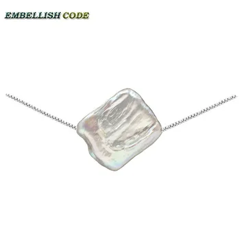 

hot Simple small baroque pearl rectangle block pendant necklace white peach color box chain 925 silver 16'' 18'' for girl