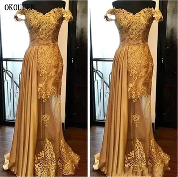 

Formal Women Evening Dresses 2019 Gold Appliques Drapped Saudi Arabic Off the Shoulder Special Occasion Gowns vestidos de fiesta