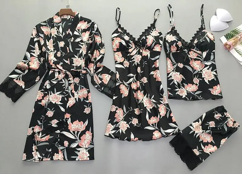 Женская домашняя одежда пижамы 4 шт. ремень топ брюки костюм пижамы наборы женская ночная сорочка сексуальное кимоно халат для сна банный халат ночная рубашка - Цвет: A - 4