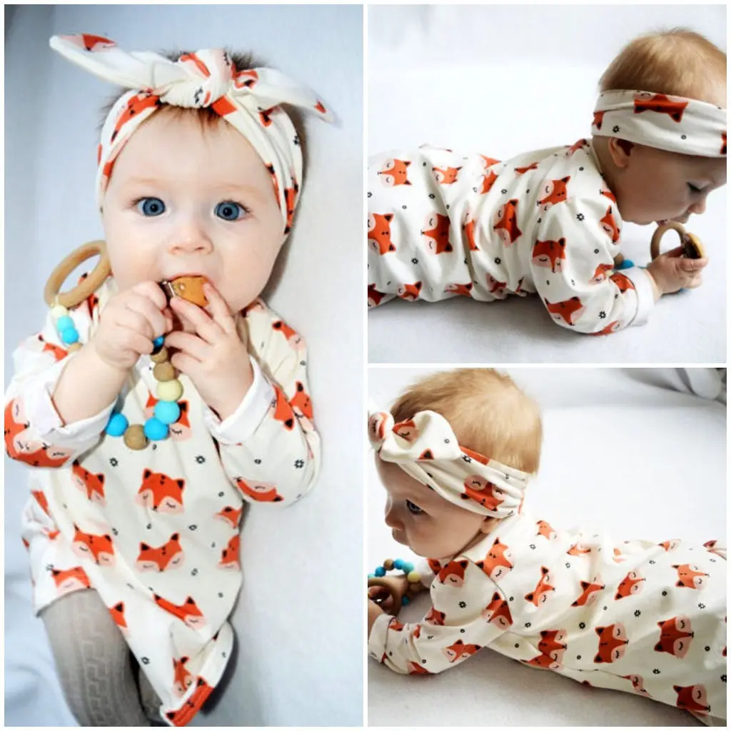 Newborn Baby Girl Cute Cotton Clothes Dress Little Fox Headband Outfit 2PCS Set 0-18M