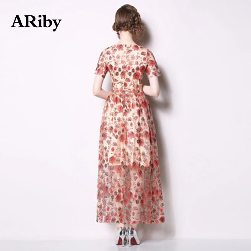 Women Party Dress 2019 New Early Summer Fashion Office Lady Print Dress O-Neck Lace Hollow Out High-end Embroidered A-Line Dress