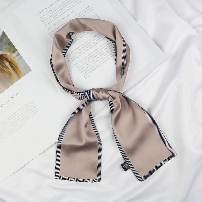 

women solid color bag decoration long neck tie headband narrow satin hair neckerchief skinny silk small scarf with twill hem