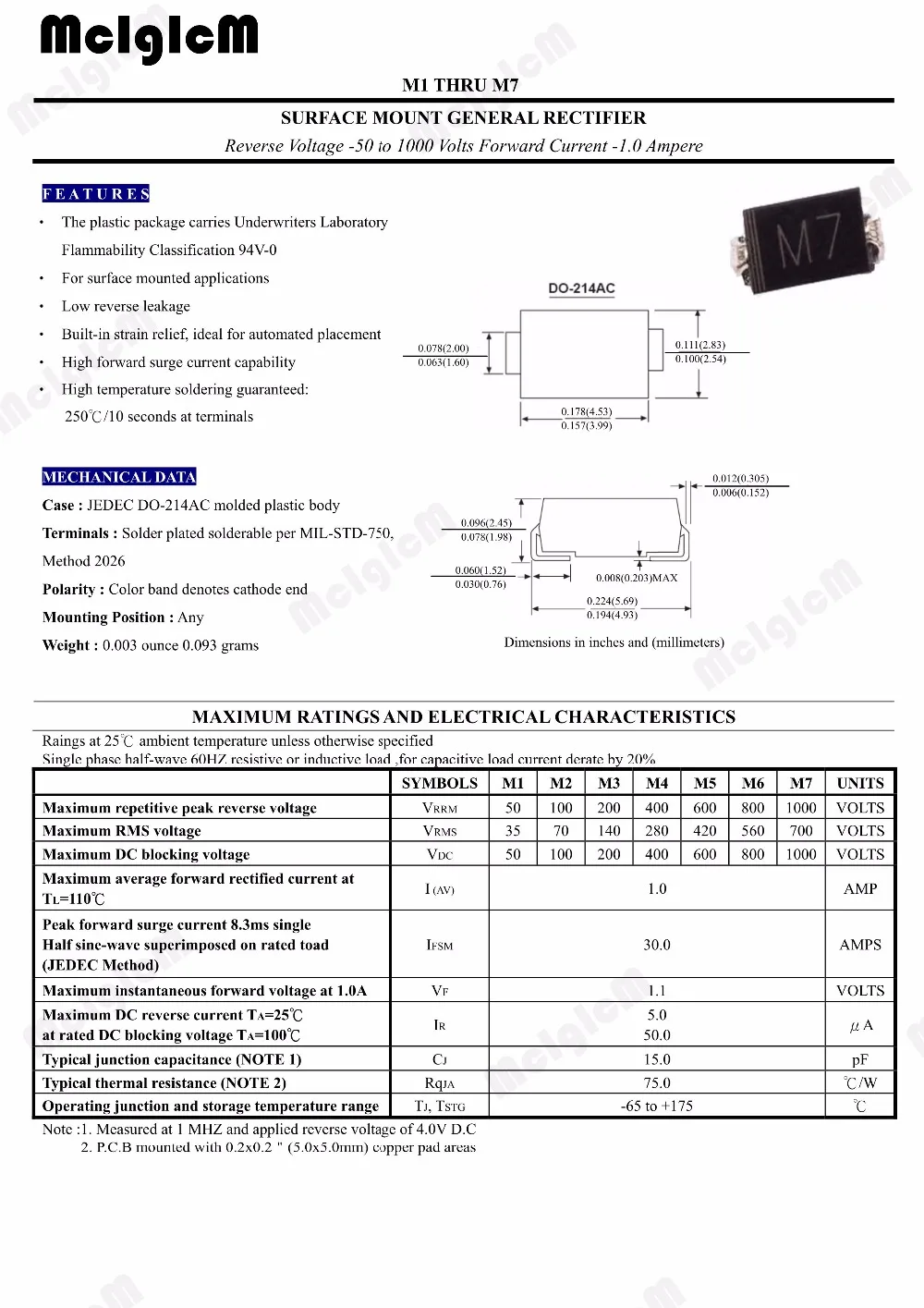 MCIGICM 100 шт. M7 1N4007 диод SMD 1A 1000 В выпрямитель диод