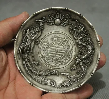 

Chinese Miao Silver Collect Folk Wealth Zodiac Fly Dragon Phoenix Statue Plate