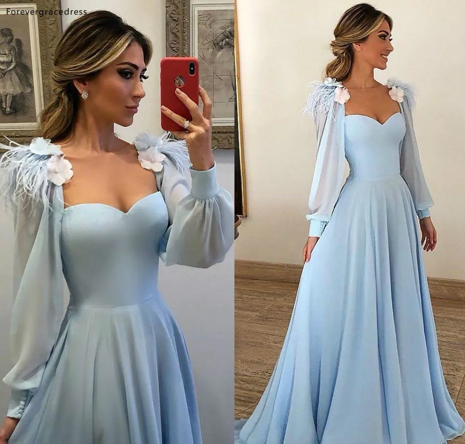 Sky Blue Poet Long Sleeves Mother of Bride Groom Dresses Formal Evening Gowns A Line Square Neckline Flower Chiffon Long Party Prom Gowns  118 (2)