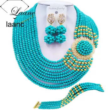 

Laanc Fashion African Bead Necklace Aqua Blue Jewelry Set Nigerian Wedding Bridal Jewelry Sets DBPH001