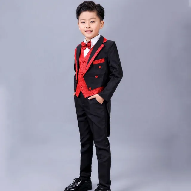 Children Party Wedding Suit Boys Red Silvery Baby Boy Suit Kids Long