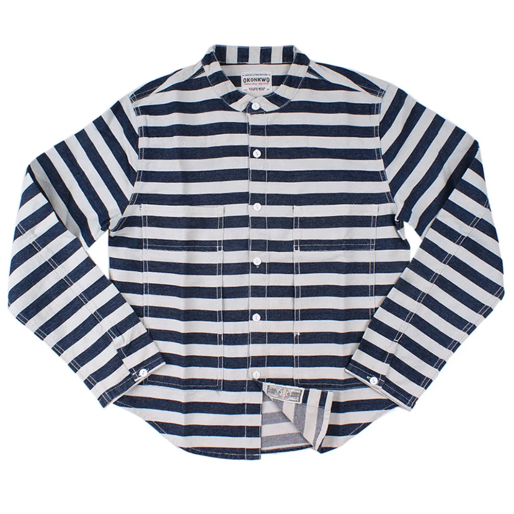 

Autumn Winter Vintage Cargo Washed Denim Wide Stripe Pocket Men Shirt Streetwear Casual Camisas Hombre Men Clothes