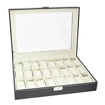 

24 Compartments Black Leather Watch Display Storage Case Collection Box E5M1