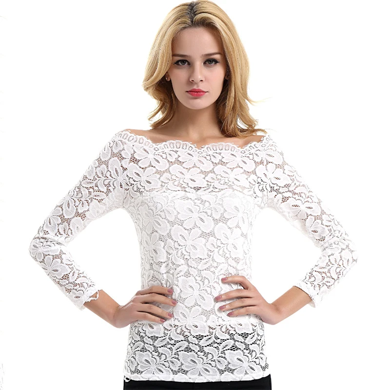 

New Women's Fashion Lace Shirt Women Shirt Slash Blouse Long Neck Sleeve Hollow Sexy Lace Shirt Plus SizeBlouses