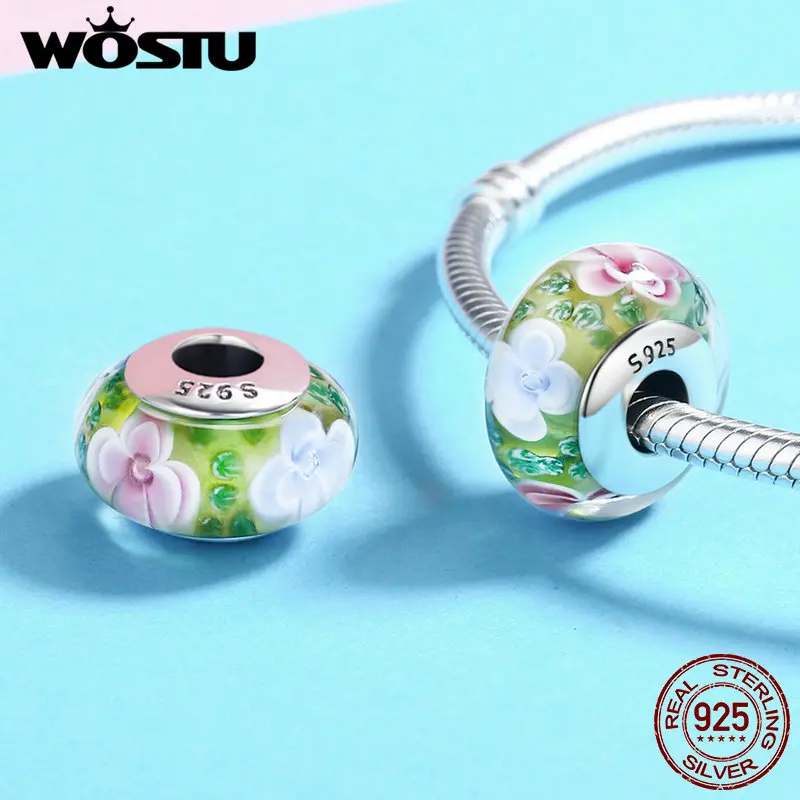 

WOSTU Authentic 925 Sterling Silver Pink Camellia Flower Handmade Green Murano Glass Beads for Charm S925 Bracelet Gift BKZ073