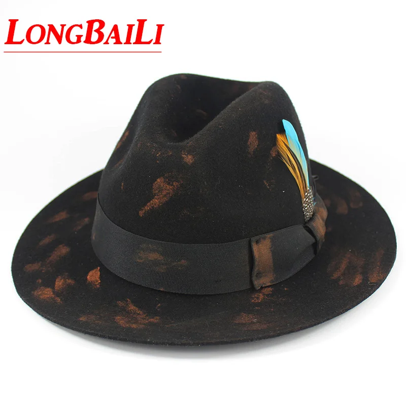 New Wide Brim Feather Wool Felt Fedora Hats With Grosgrain Band Chapeu