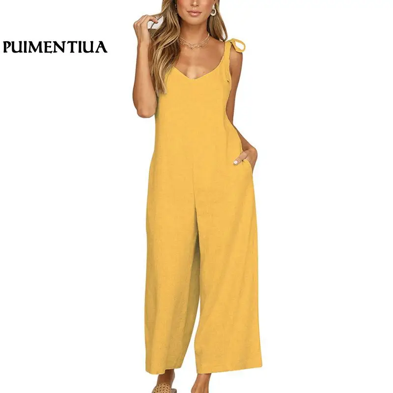 

Puimentiua Women Strape Backless Elegant Long Jumpsuits Casual Sleeveless Bandage V-Neck Wide Leg Jumpsuit Summer Loose Rompers