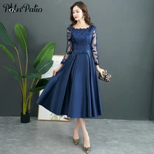 

Navy Blue Long Sleeve Evening Dress A-line Tea-Length Satin Evening Gown Long Mother Of The Bride Dresses