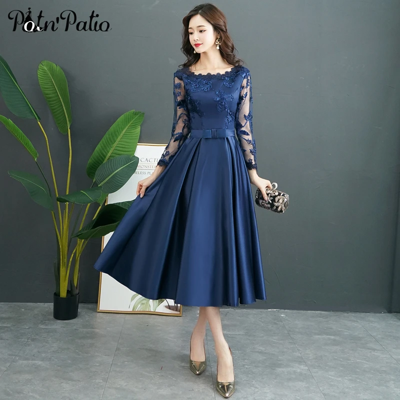 Navy Blue Long Sleeve Evening Dress A ...