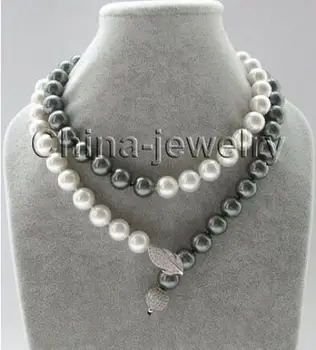 

Free Shipping>>new hot 12mm white + peacock black round sea shell pearl necklace-925 silver