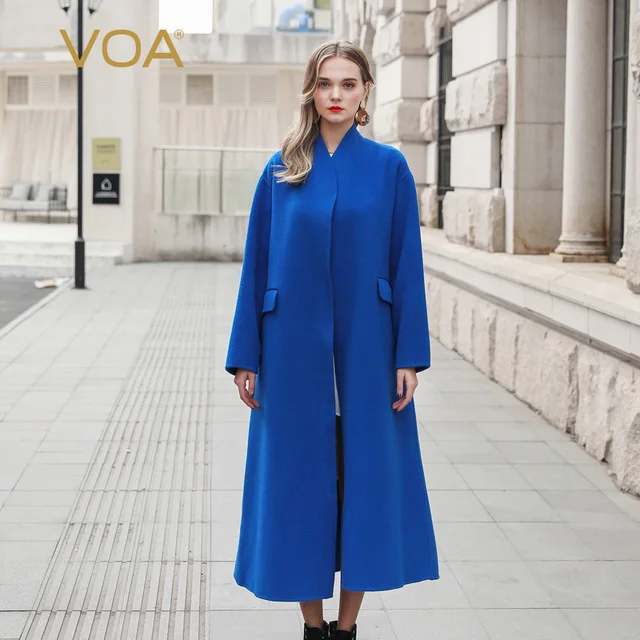 VOA Royal Blue 100 Wool Long Coat Women Winter Overcoat abrigo mujer