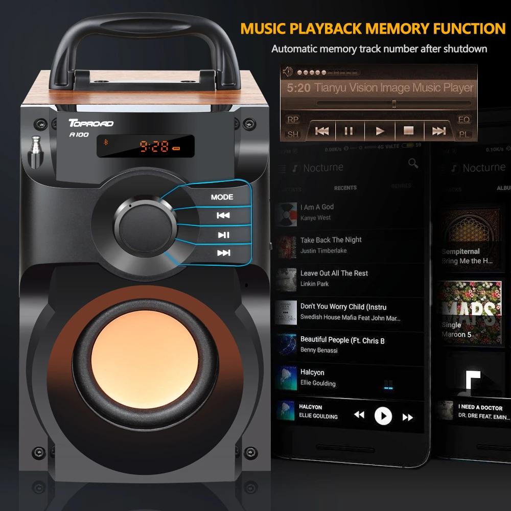 TOPROAD портативный Bluetooth динамик большой мощности беспроводной стерео сабвуфер тяжелый бас динамик s звуковая коробка Поддержка FM радио TF AUX USB
