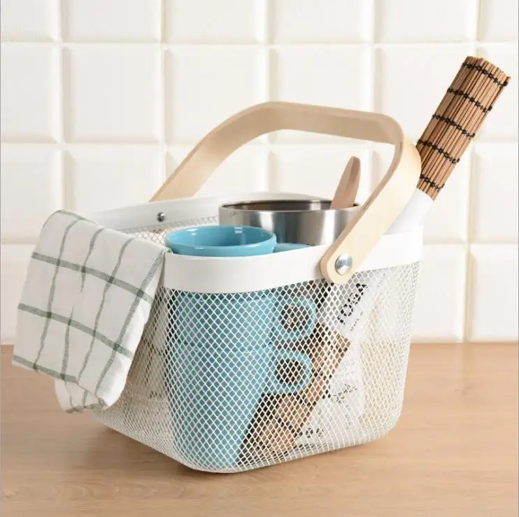 

Candy Colors Wood Handle Fruit Vegatable Basket Metal Mesh Storage Bag Basket Organizer