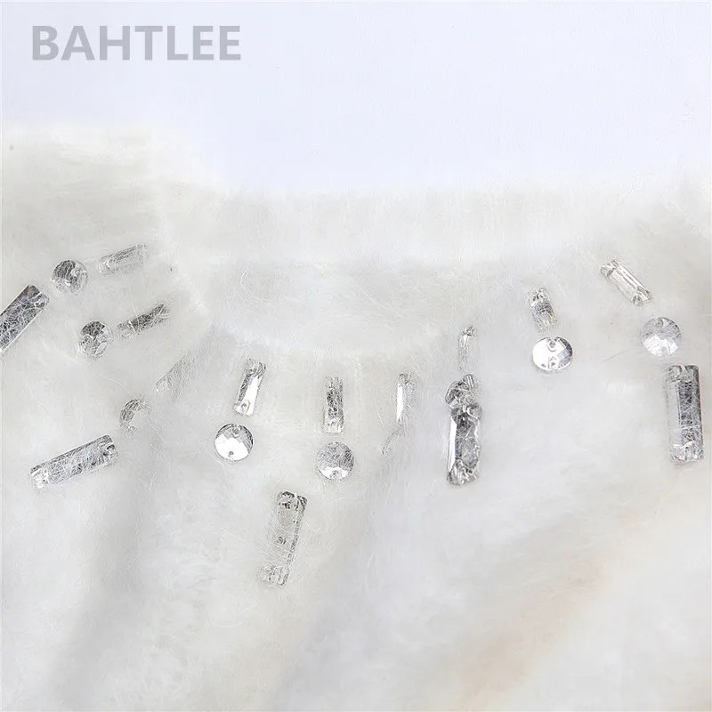 BAHTLEE Autumn Winter Women Angora Jumper Long Sleeve Knitted Stripes Pullovers Sweater Keep Warm Handwork Diamond White