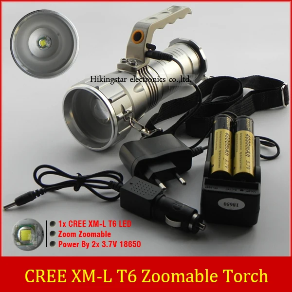

2015 New Flashlight adjustable Zoomable CREE XM-L T6 LED Flashlight Torch Zoom Lamp Light With 2x 18650 Battery + AC/Car Charger