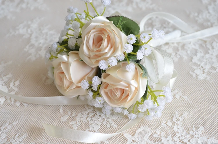 Подружки невесты букет Настоящее Сатиновые розы/украшение на свадьбу букет ручной работы роза с белым детское дыхание искусственный