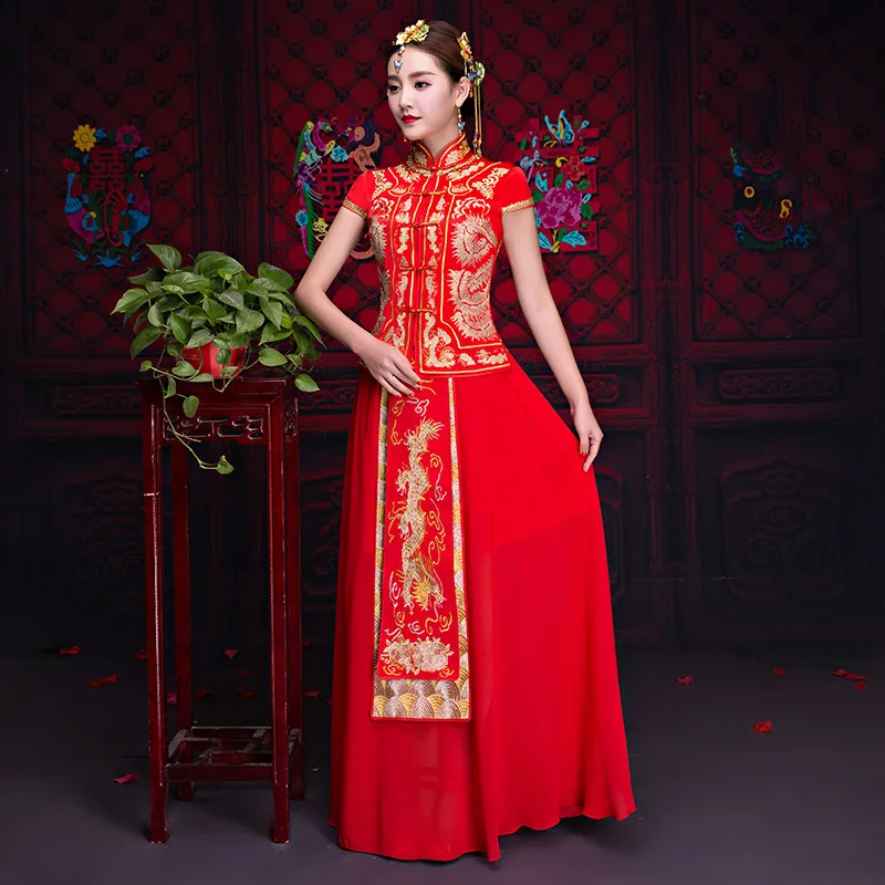 Свадебные Cheongsam красный Новый Традиционный китайский Свадебные платья Для женщин дракон вышивка Qipao платье Rouge кимоно