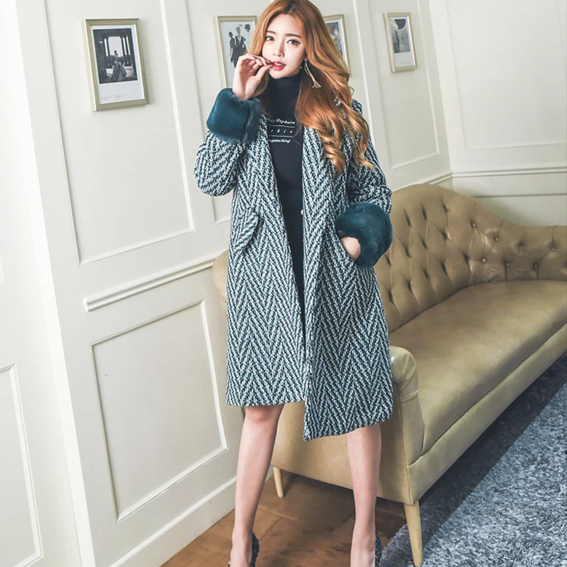 Vintage Thicken Striped Wools &Blends Coat Women Turn down