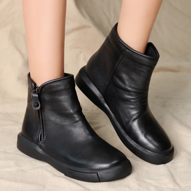 

Flat Ankle Booties For Women 2018 New Arrival Round Toe Natural Leather Female Boots Lady Black Shoes Big Size 41