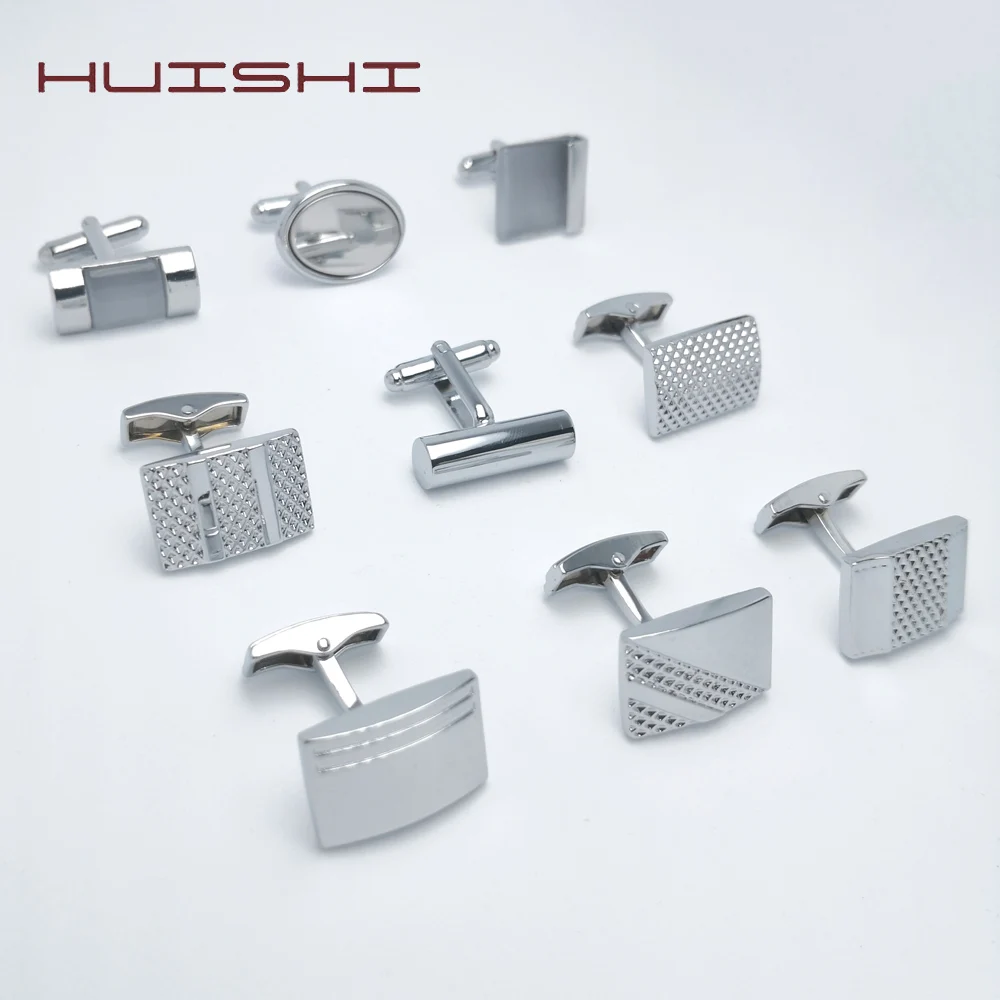 

HUISHI High Quality Luxury Hot Sales Copper Alloy Cufflinks Men Silver Color Glossy And Cat Eye Drill Cuff links For Mens Gift