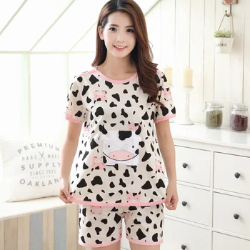 

New Summer Short Sleeved Cotton Pajamas for Women Sweet Girls Pajama Sets Pink Pyjama femme Cartoon Cow Pijamas mujer women's pj