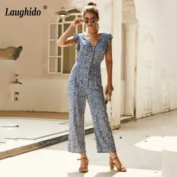 Laughido Летний Пляжный комбинезон с цветочным принтом и пуговицы Playsuit Прямо Комбинезон с оборками 2019 Повседневное обтягивающий костюм для